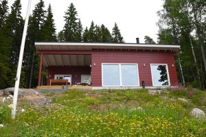 Hirsinen kesämökki rinnetontilla. Suuret ikkunat ja metsäinen tontti.