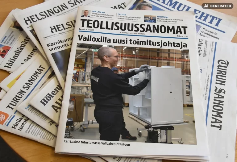 Ai generoitu kuva sanomalehtipinosta, jonka kannessa on kuva Valloxin toimitusjohtajasta tutustumassa Valloxin tuotantoon.