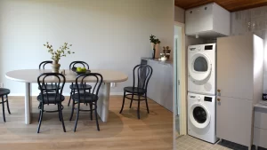 Keittiö sekä pesutorni Lempäään asuntomessukohteessa